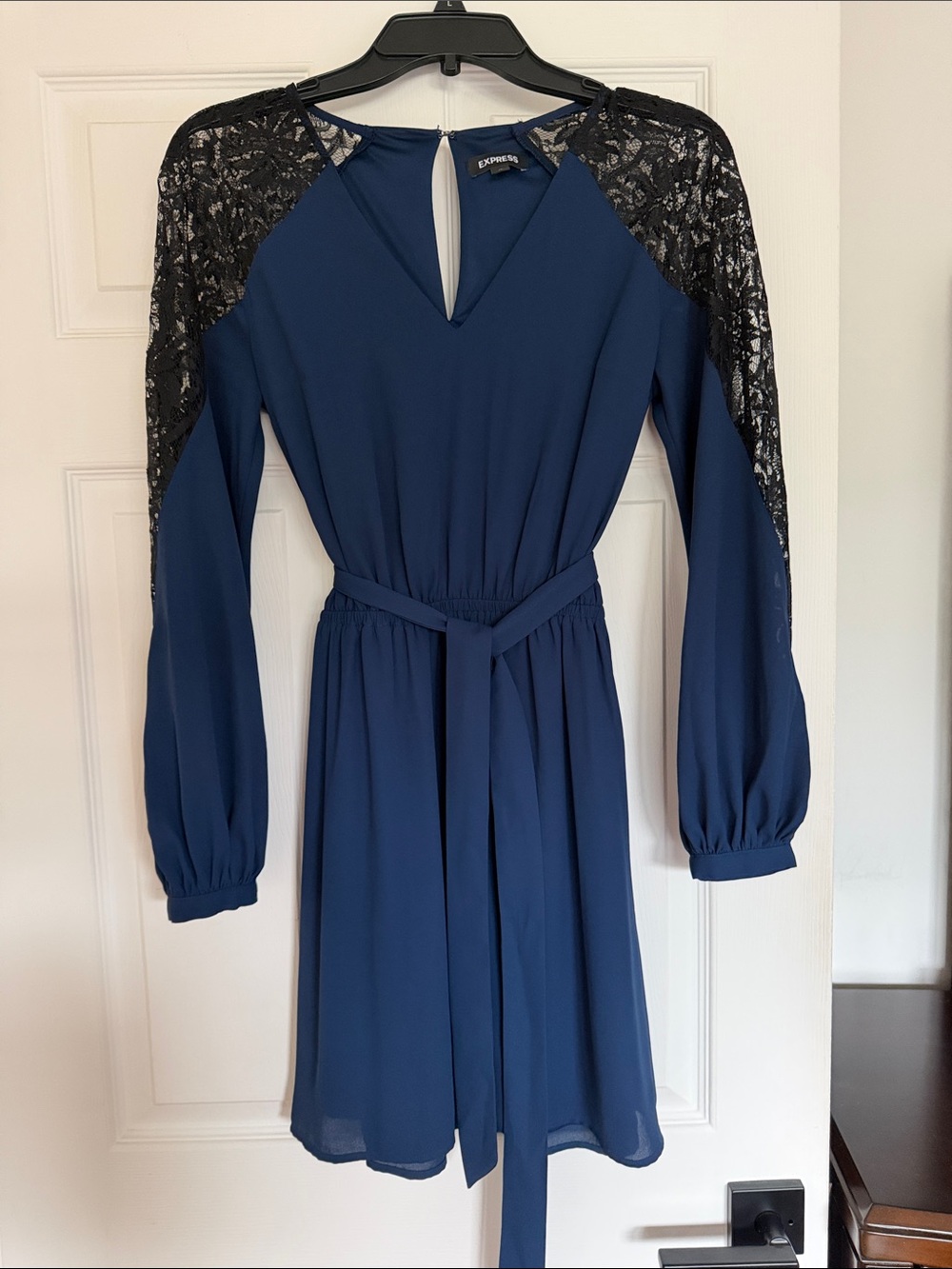 Express Navy Long Sleeve Dress with Black Lace Shoulders - XS